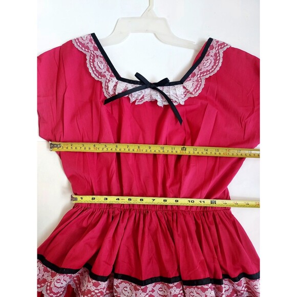 Vintage 70s Ladies Fusia Ruffles & Lace SS Square Dance Rockabilly Dress Size 14 - Picture 6 of 8